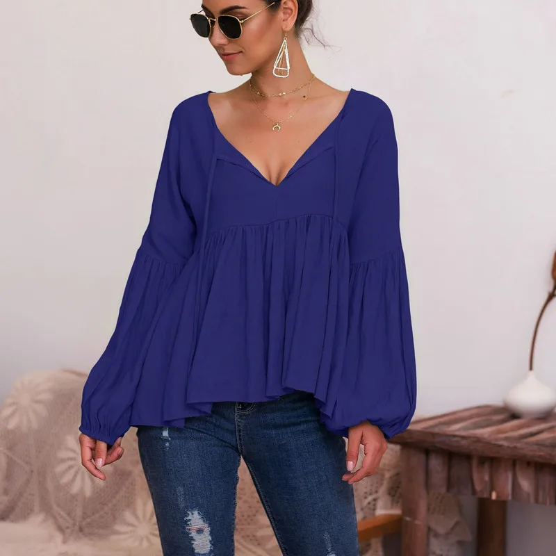 

2020The New Solid Color Loose Sexy T-Shirt Women Autumn Puff Sleeve V-Neck Tops T Shirt Office Lady Casual Hedging Plus Size