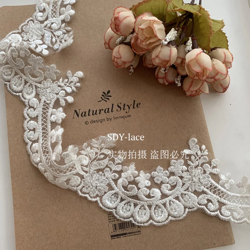 

6cm Delicate Ivory Rayon embroidered beading lace trim 5 yards, beaded lace trimming for wedding veil long 2020 NEW