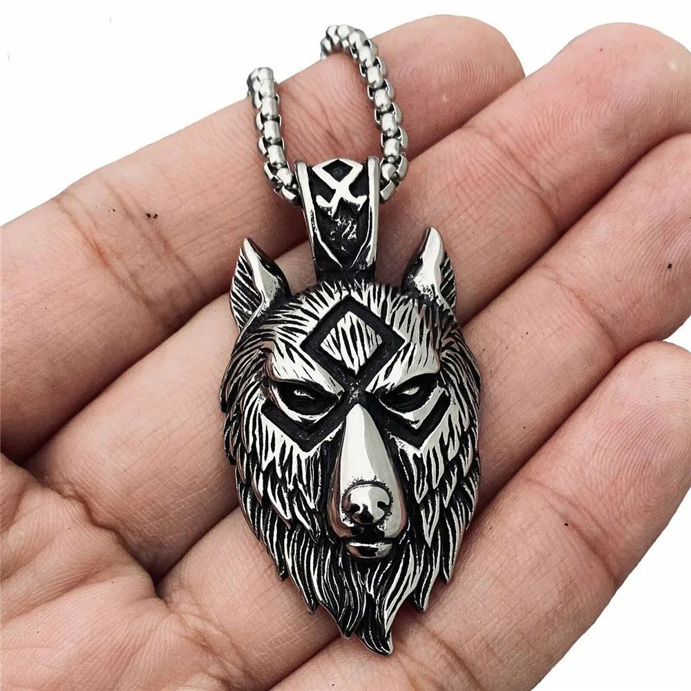 

Men Nordic Viking Rune Fenrir Wolf Head Pendant Necklace Stainless Steel