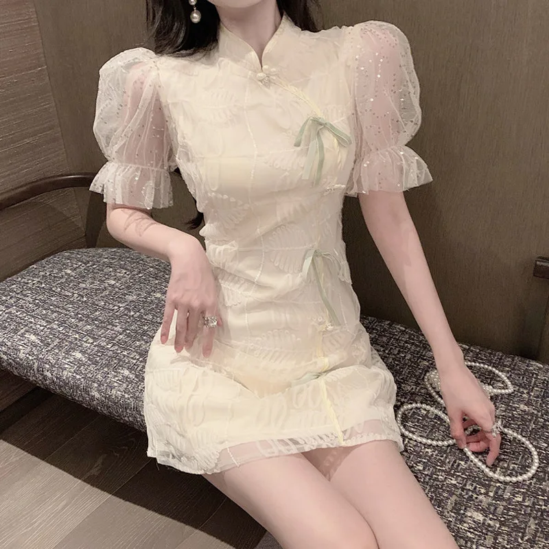 

Summer new style commuting pin bead leaf embroidery mesh bubble sleeve improved cheongsam light cooked retro A-line skirt dress