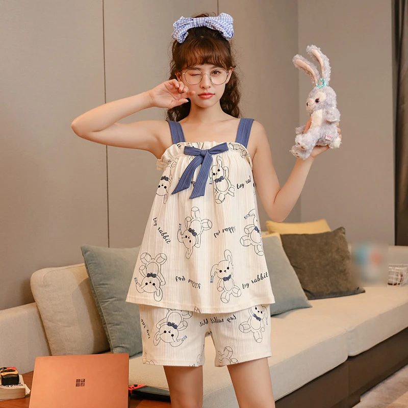 

Корейская женская пижама, летняя Хлопковая пижама, милая Пижама с мультяшным принтом кролика, милая одежда для сна на бретельках, комплект и...