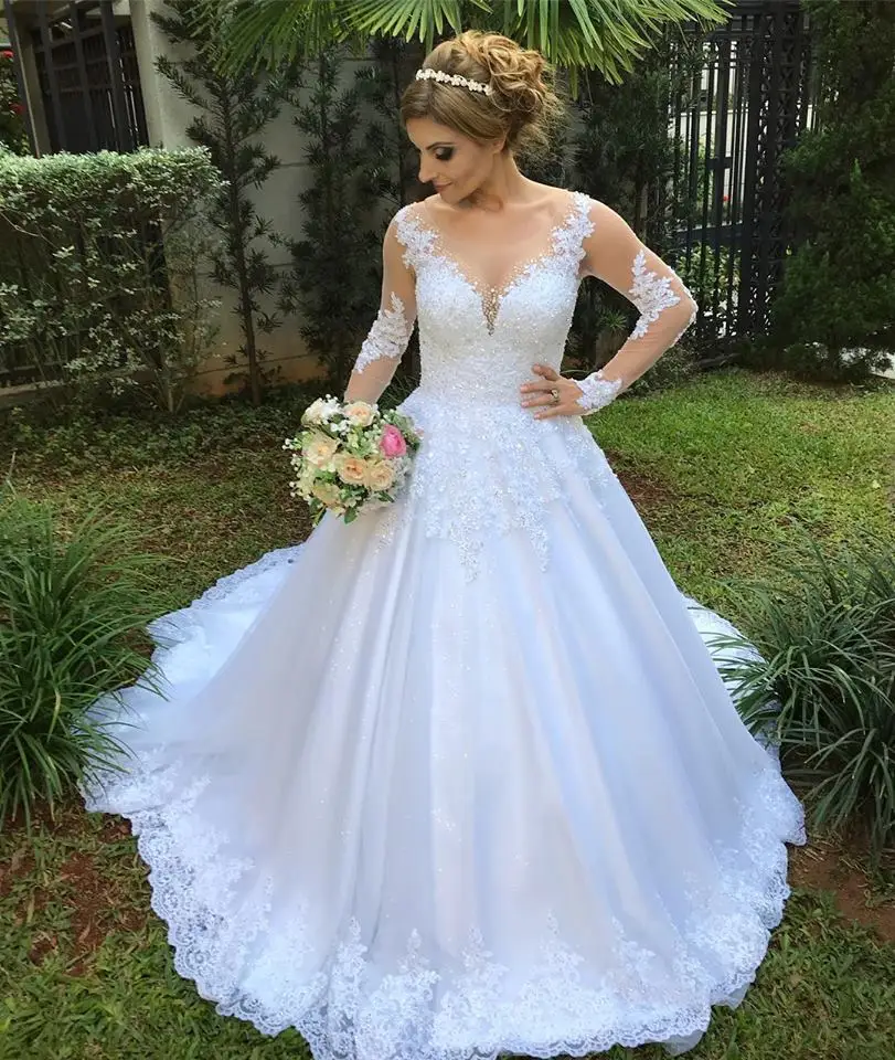 Роскошное платье Vestido De Noiva, блестящее кружевное бальное платье с длинным рукавом с бисером, свадебное платье, недорогое платье на заказ De Mariage