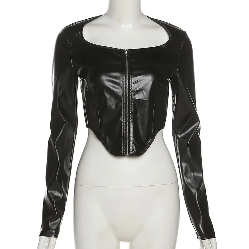 Женская футболка из ПУ кожи с длинным рукавом и квадратным вырезом | одежда