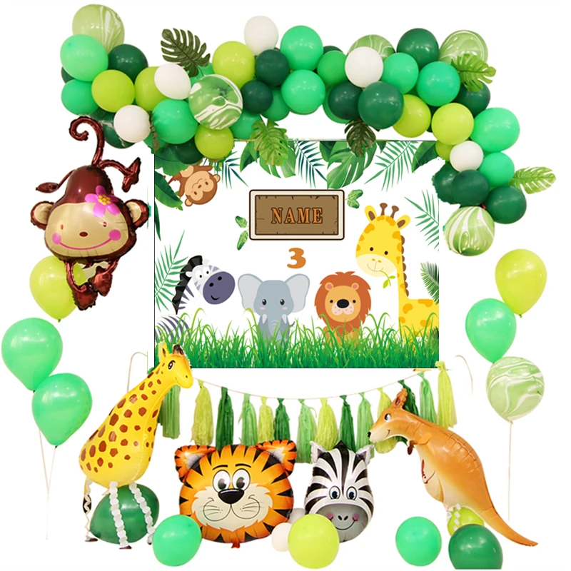 Globos decoracion ninos 1 er cumpleanos Safari Animal globo arco Kit vida silvestre jirafa Globo Verde guirnalda personalizar|Воздушные