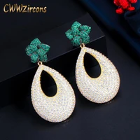 cwwzircons shiny green cubic zirconia paved flower round drop dangle women long party earrings for brides jewelry gift cz805
