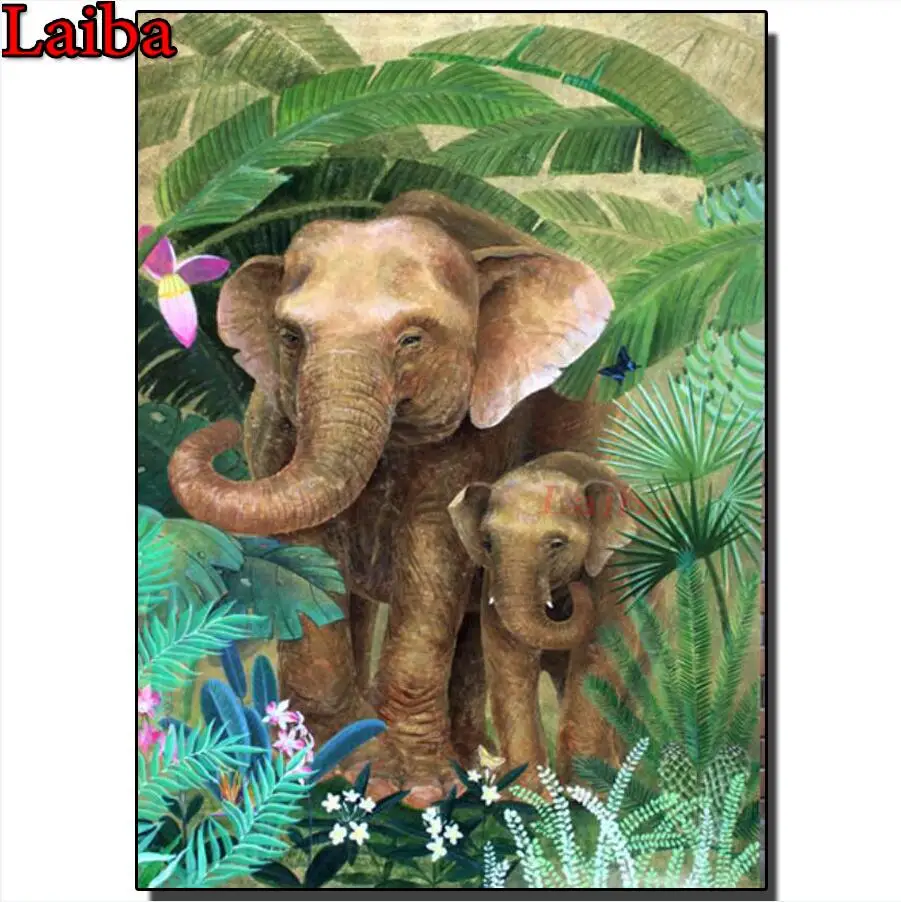 

Tropical Leaves Mother And Baby Elephants 5d diy diamond painting full square round diamond embroider for 2020 New arrivals gift