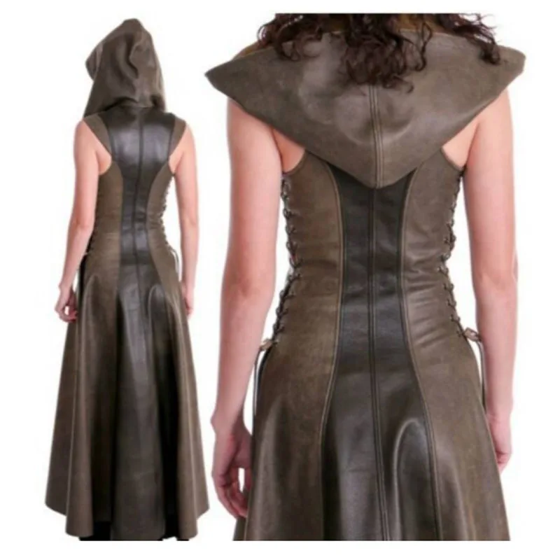 Женский костюм для косплея эльфов с капюшоном из кожи длинное платье без рукавов