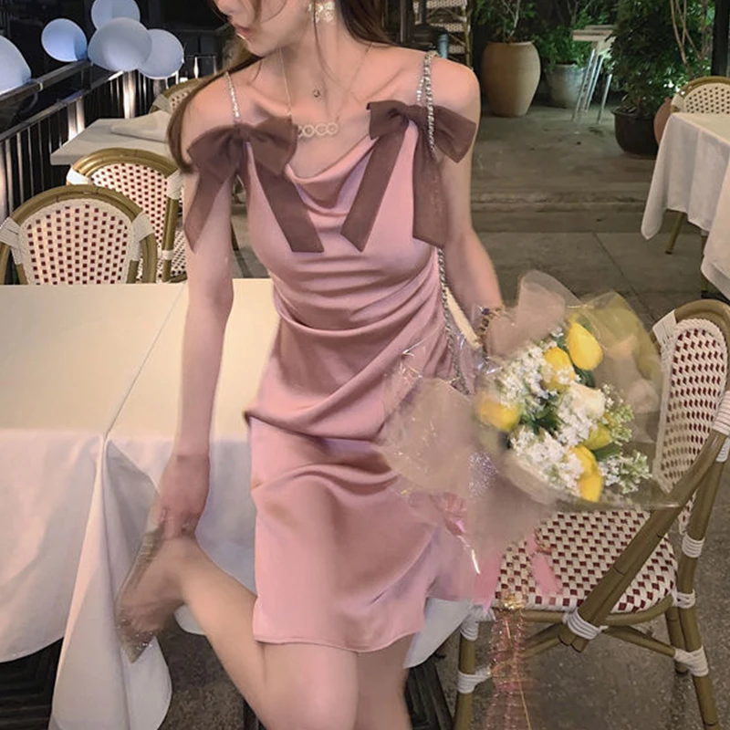 

Korean Style Sleeveless Sexy Strap Dress Female 2021 Summer Bow Design Elegant Mini Dresses Women Party Vintage Y2k Dress Slim