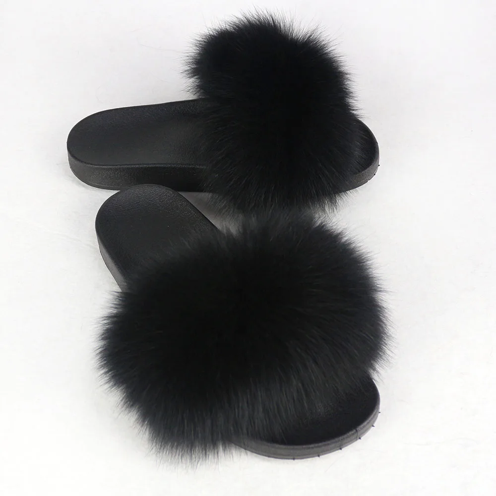 

Women Genuine Fur Slippers Flat Non-Slip Real Fox Fur Slides True To Size Free Shipping Drop Ship Slides