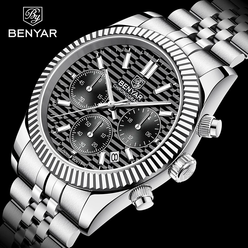 

BENYAR New Restored Sapphire Crystal Multi-Function Quartz Chronograph Men's Watch Stainless Steel 100M Waterproof Luminous