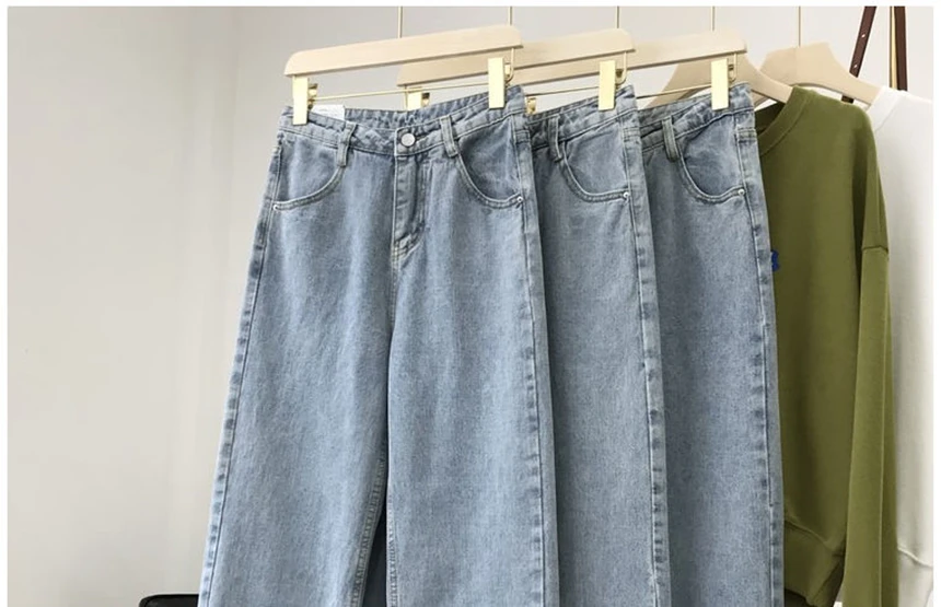 

2021Light Blue Denim Trousers Vintage Wide Leg Pants Women Korean Straight Long Pants High Waist Casual Loose With Belt Autumn