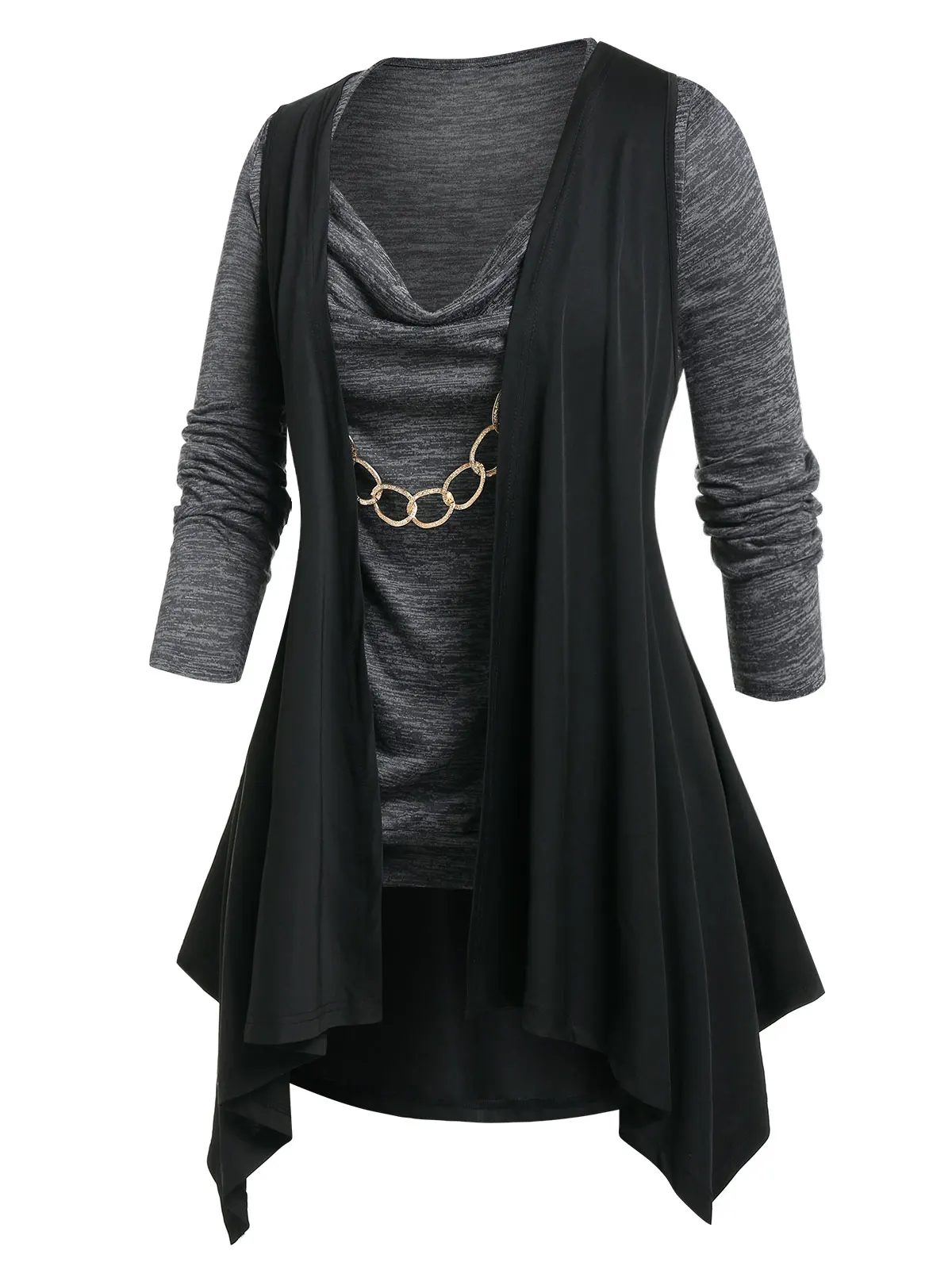 

Wipalo Vintage Chains Cowl Neck Blouson T-Shirt And Handkerchief Cardigan Set Tops Streetwear For Women 3xl 4xl 5xl