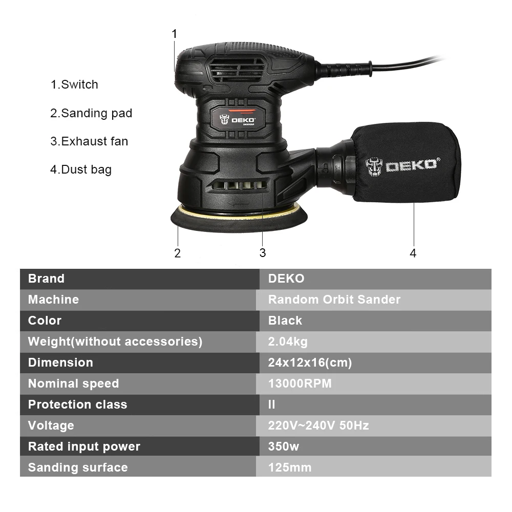 DEKO DKSD125J1/DKSD150J2 350 Вт случайный орбитальная шлифовальная машина с выхлопом пыли и
