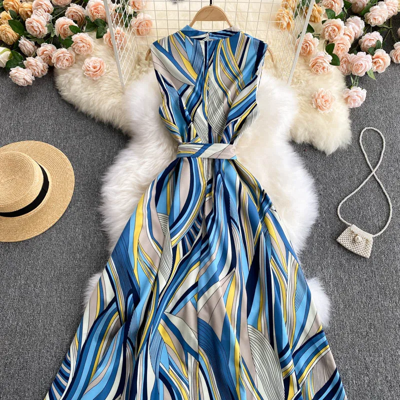 Mixi-elegante vestido de oficina para mujer, moda de verano, estampado azul, sin mangas, 2021