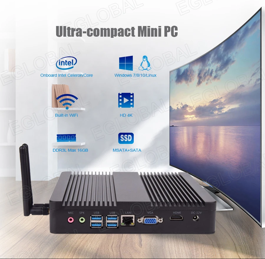 Дешевые windows 10pro Мини ПК компьютер Intel core i3/i5/i7/celeron настольный компьютер wifi HTPC безвентиляторный VESA крепление