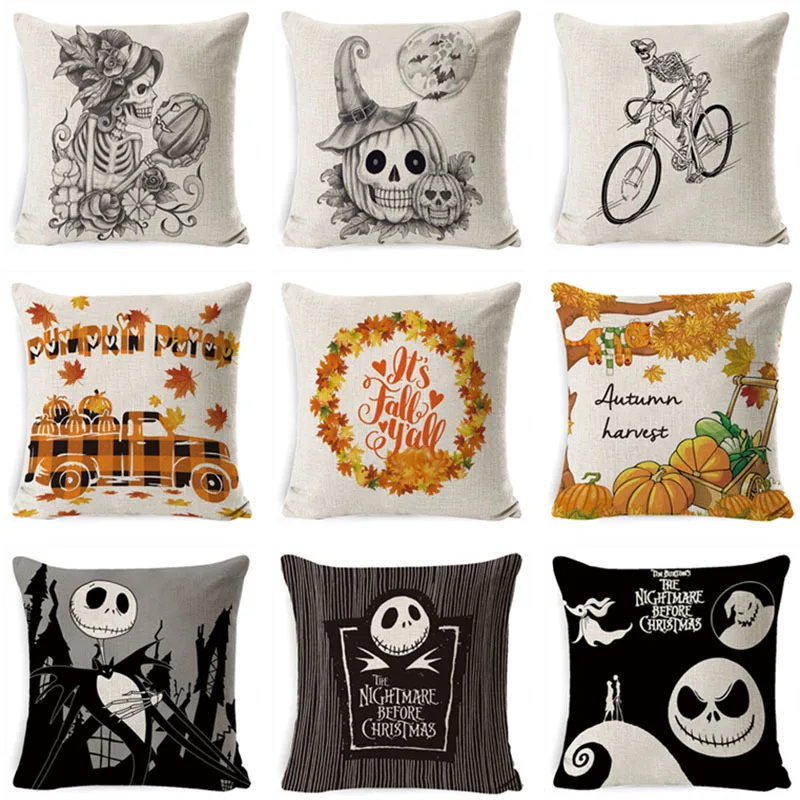 

45x45cm Halloween Throw Pillowcase Spider Cat Bat Pumpkin Skull Printed Cushion Cover Holiday Party Gift Decorations