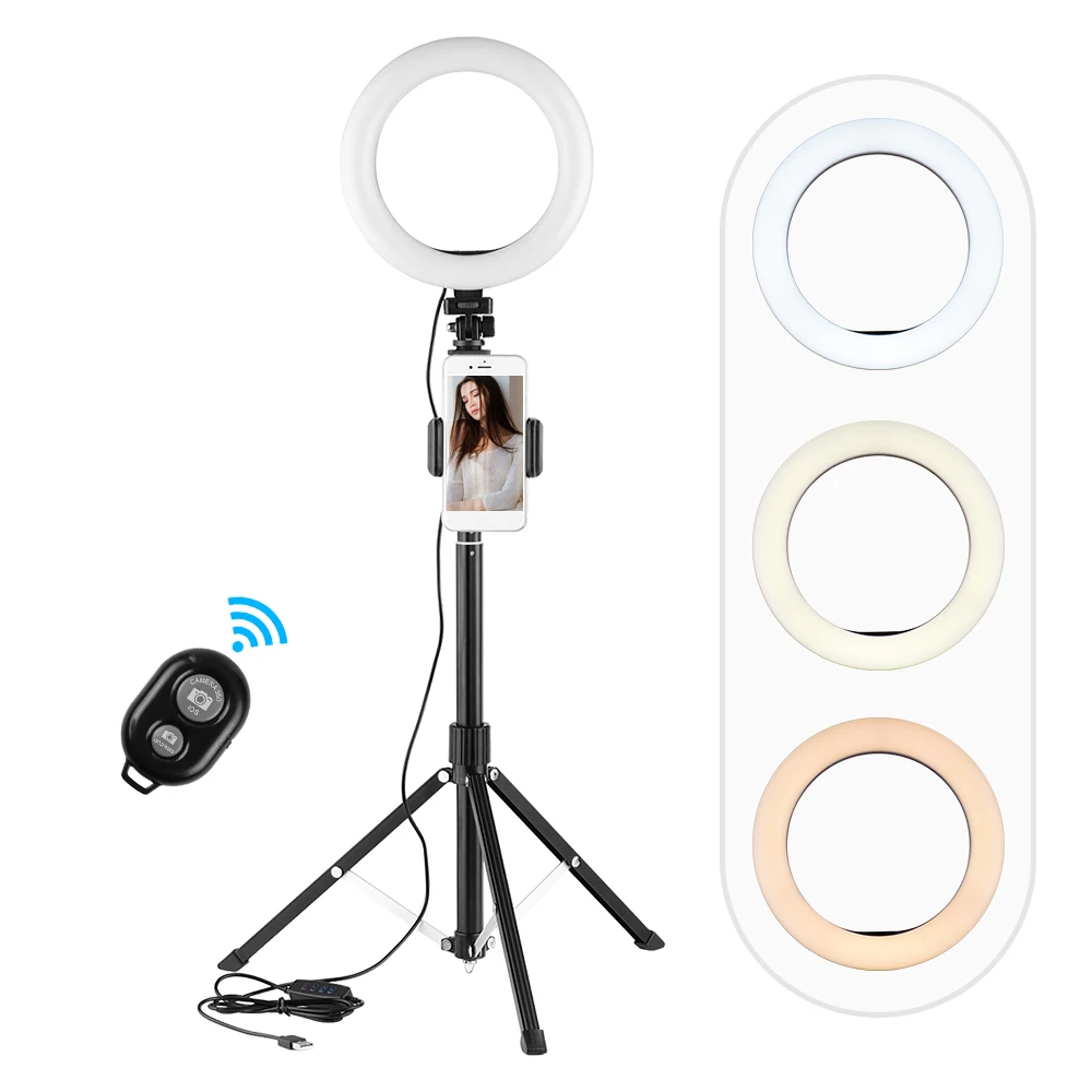 

8 дюймовый светодиодный селфи кольцо светильник комплект 2800K-6500KAdjustabl e Яркость питаемые через USB порт с держателем для телефона Bluetooth пульт д...