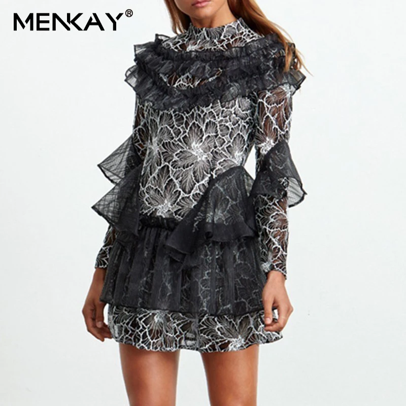 [MENKAY] 2019 весеннее платье со стоячим воротником Женская Лоскутная кружевная