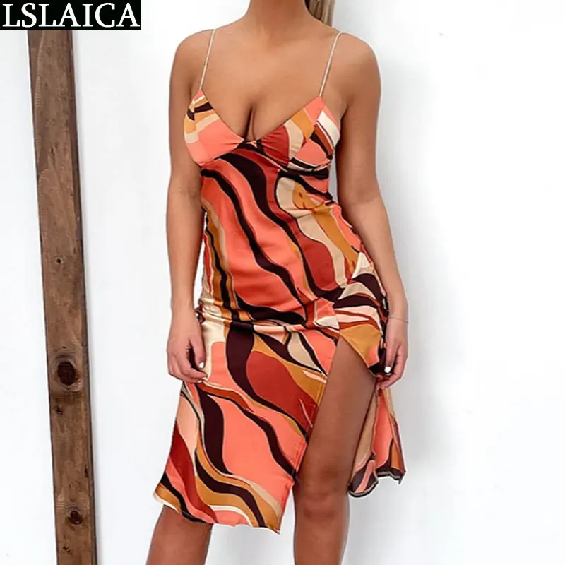 

Dresses for Women 2021 Elegant Evening Party Club Fashion Suspender Dress Summer Geometry Printed Backless Sexy Dress Hem Split