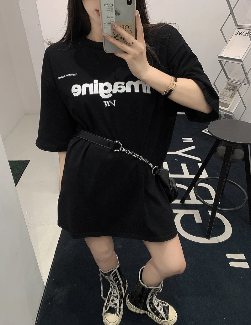 

YTX112 2021 summer new ins loose wild mid-length round neck top printed casual T-shirt