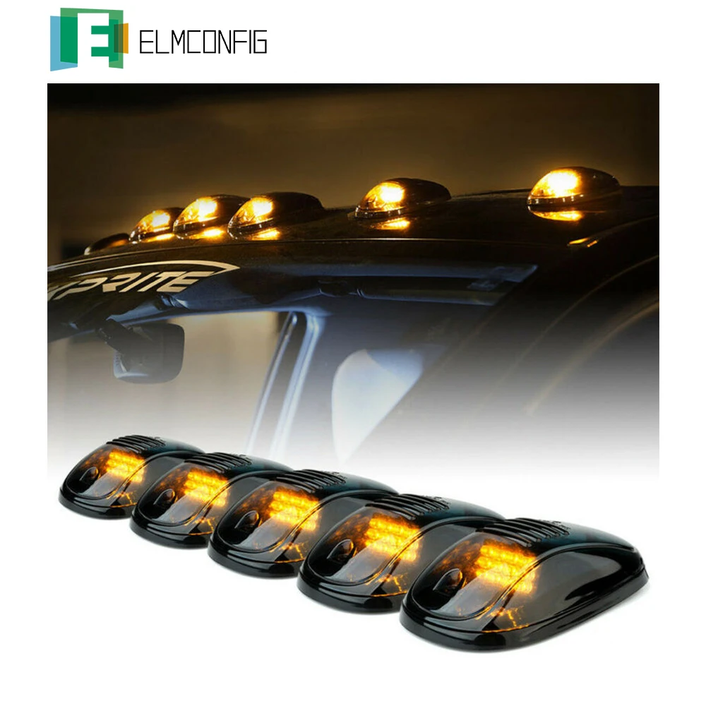 

5pcs Yellow LED Cab Roof Top Marker Running Lights Smoked Lens Amber Fog Lights Driving Roof Decorative Lights 4x4