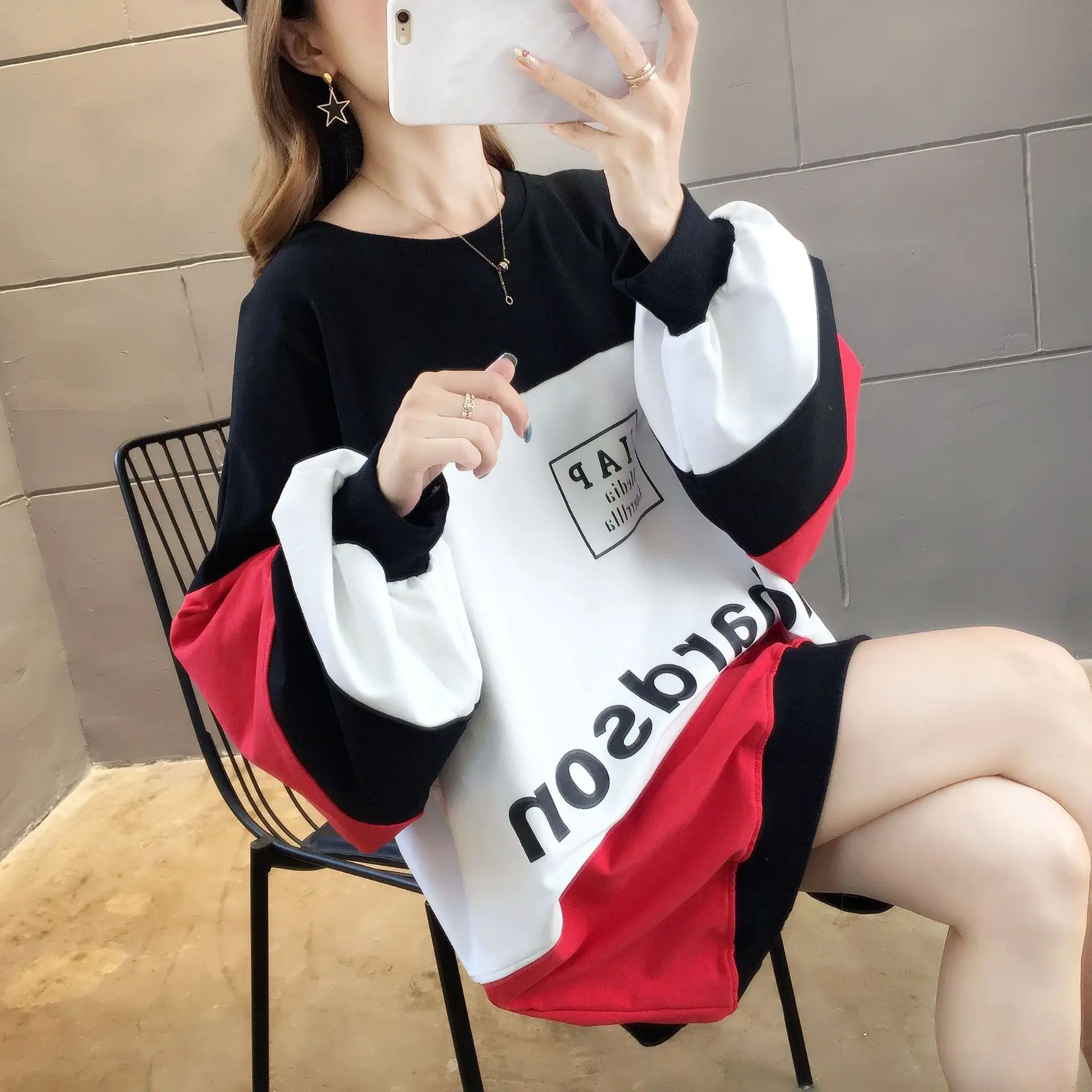 

2020 autumn Korean Style Stitching Contrast Color Long-sleeved Sweatshirt Loose Large Size oversized Pastel clothes Cute tops