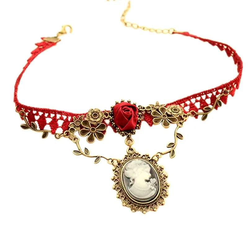 

Stylish Jewelry Women's Pendants Chain Chocker New Cameo Red Rose Lace Necklace Women Gift Charm Pendant Necklace Collier Femme