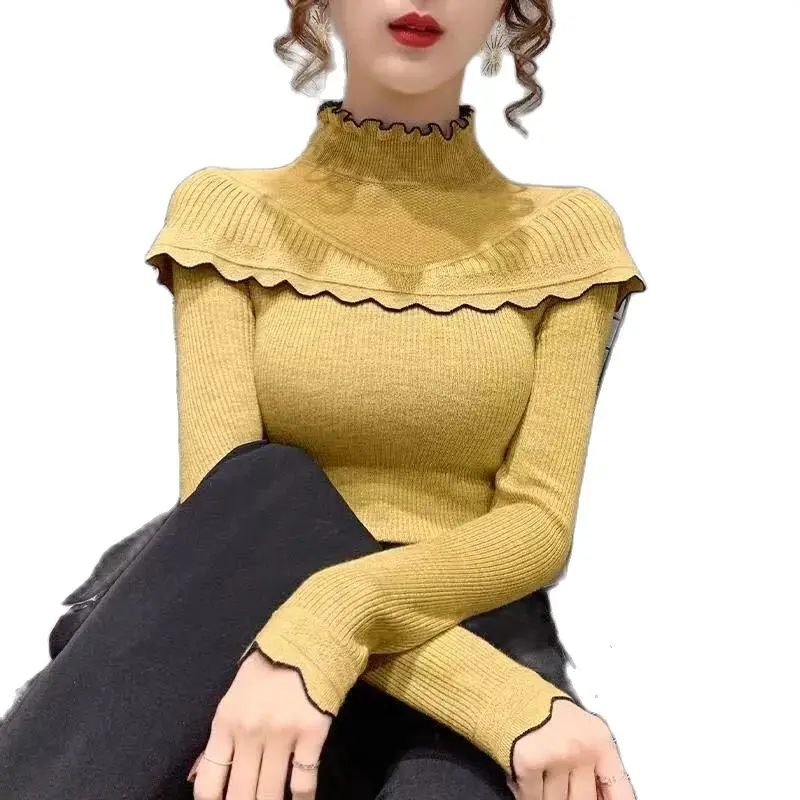 

Autumn Winter Women's Knitwear Lapel Wooden Ear Slim-Fit Jumper Women CY160