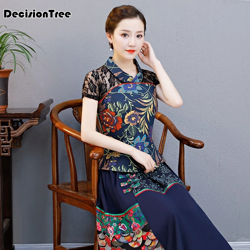 Элегантные ретро китайские женские cheongsam топы Вышитые Печатные Топы Ципао традиционные классические кружевные рукава кофточка Ципао