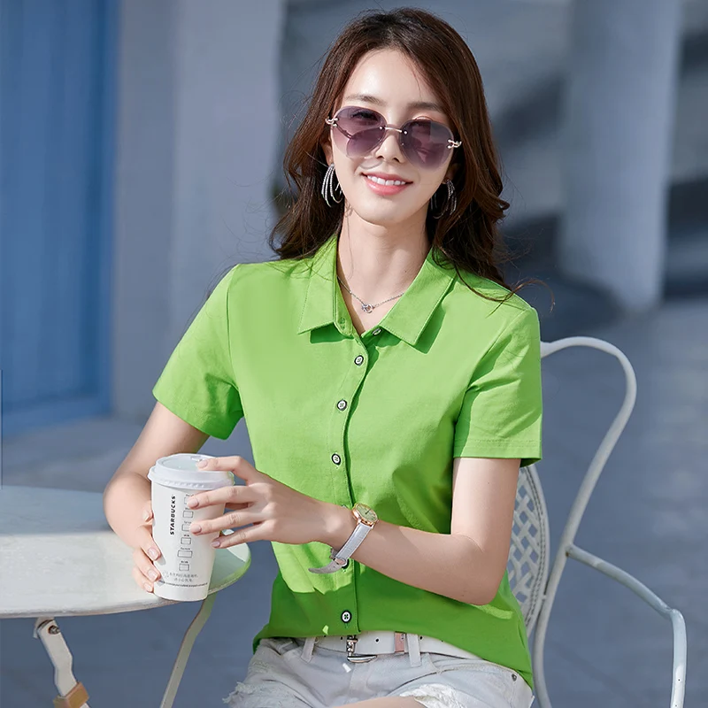 

2021 summer new OL commuter cardigan short sleeve lapel women's shirt large size slim solid color shirt
