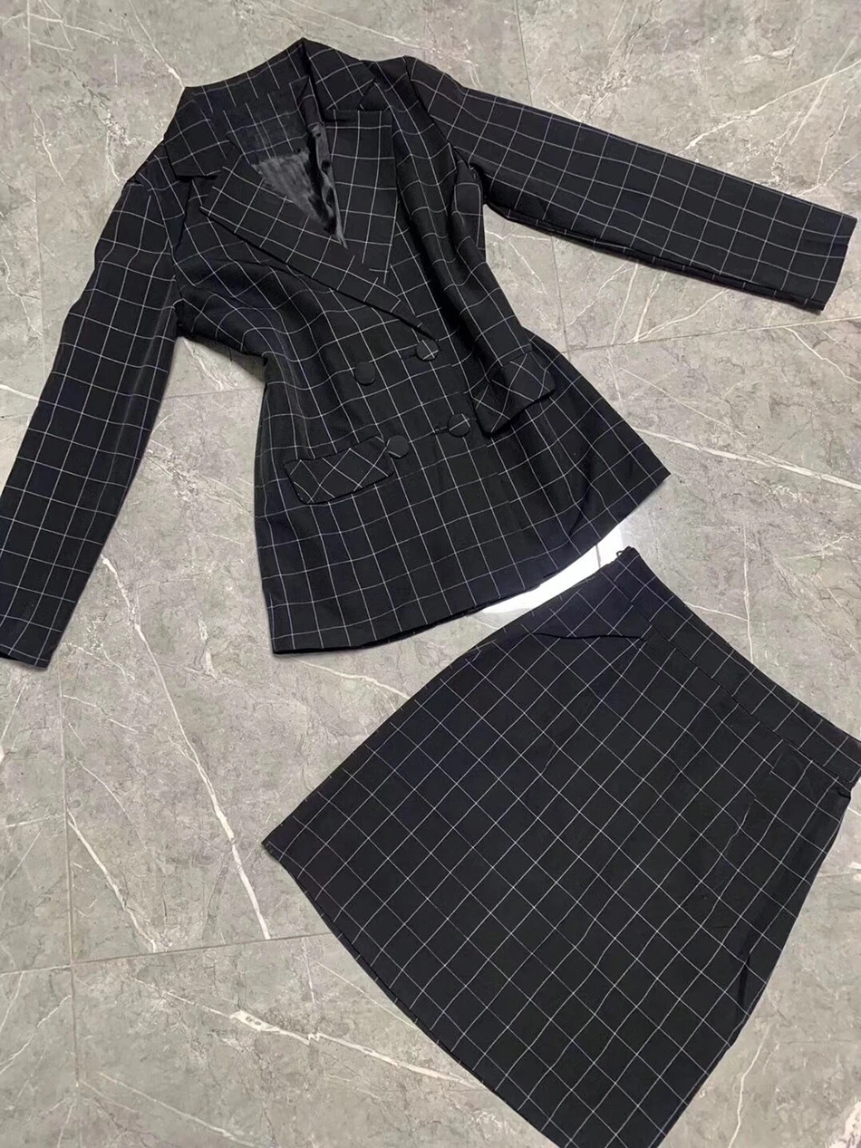 Fashion Sexy V-Neck Women'S Suit Plaid Skirt Button Jacket And Slim Mini Two-Piece 2019 New Wholesale |