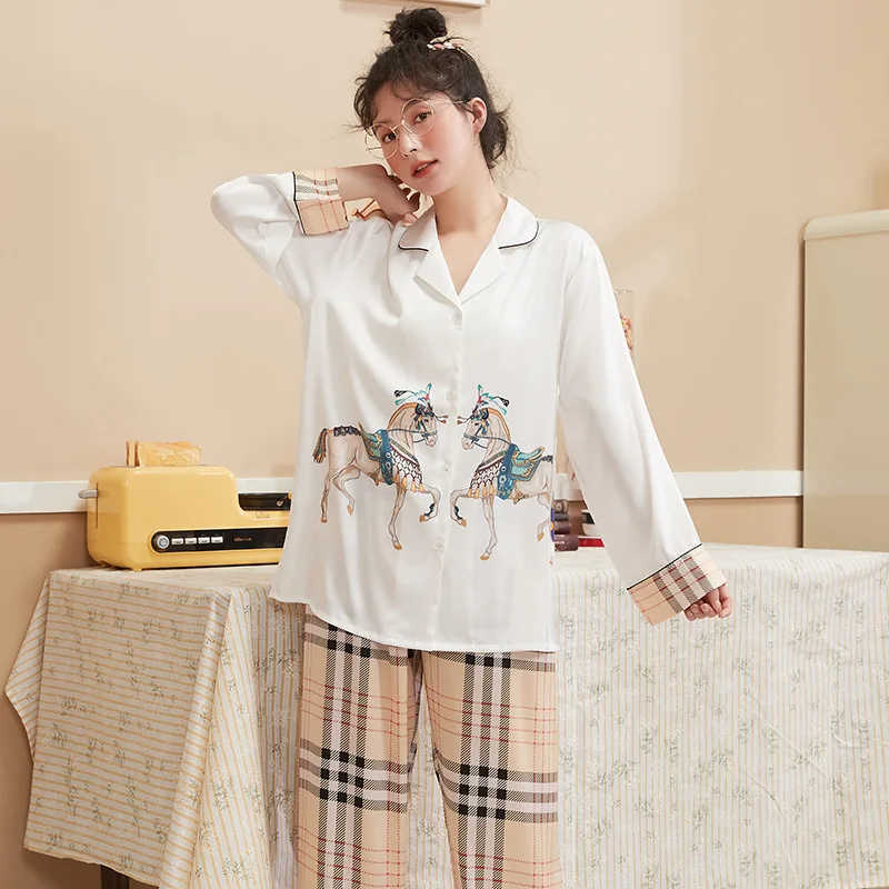 

2021 New Ice Silk Long-sleeved Pants Breathable Women Pajamas Two-piece Suit Simple Style Can Be Worn Outside Home Clothes Sexy