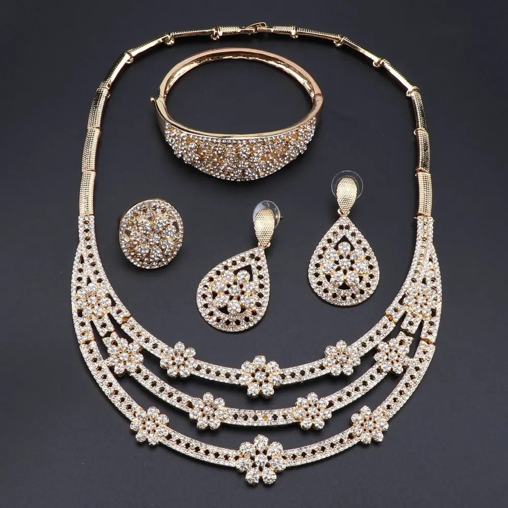 Золотой свадебный набор украшений для женщин высокое качество цветок кристалл