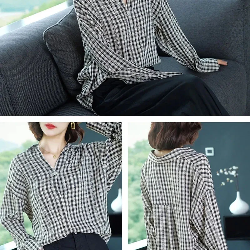 

Spring New Cotton Casual Plaid Women Shirts V-Neck Big Size Fashion Loose Tops Long Sleeve Spliced Button Classic Female Blouses