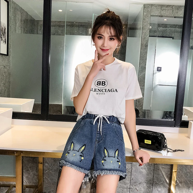 Женские джинсовые шорты из хлопка с вышивкой и плотной талией Свободные