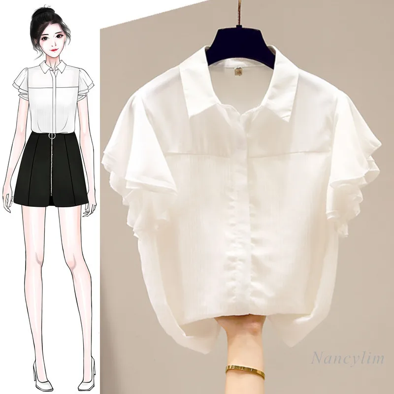 Chemise blanche en mousseline de soie pour femme, hauts à manches volantées, col de poupée, pour étudiantes, assorti à tout, été 2021