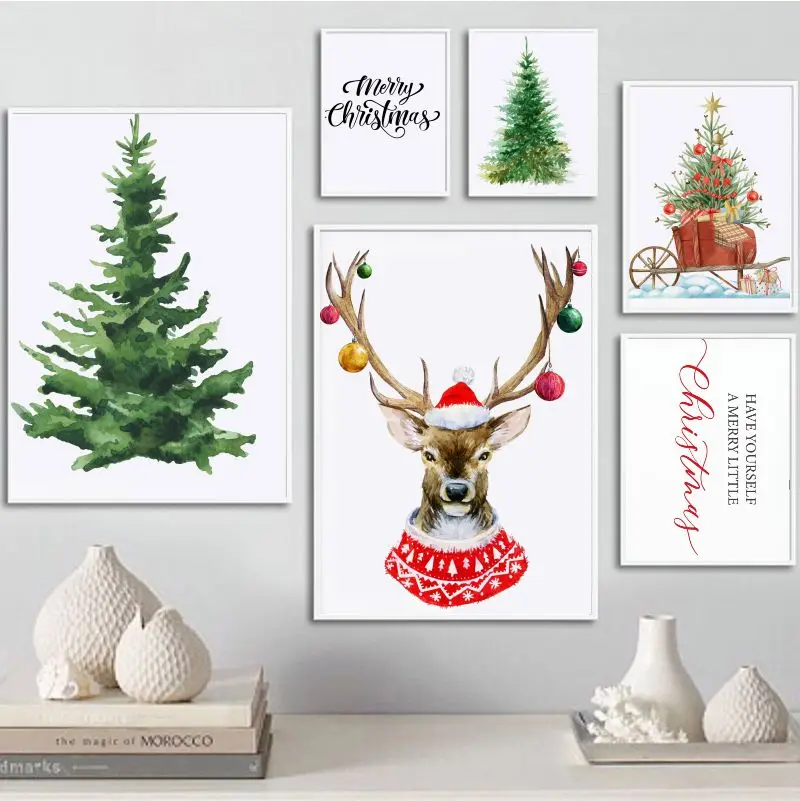 Рождественская елка настенная Картина на холсте рождественские плакаты с оленем