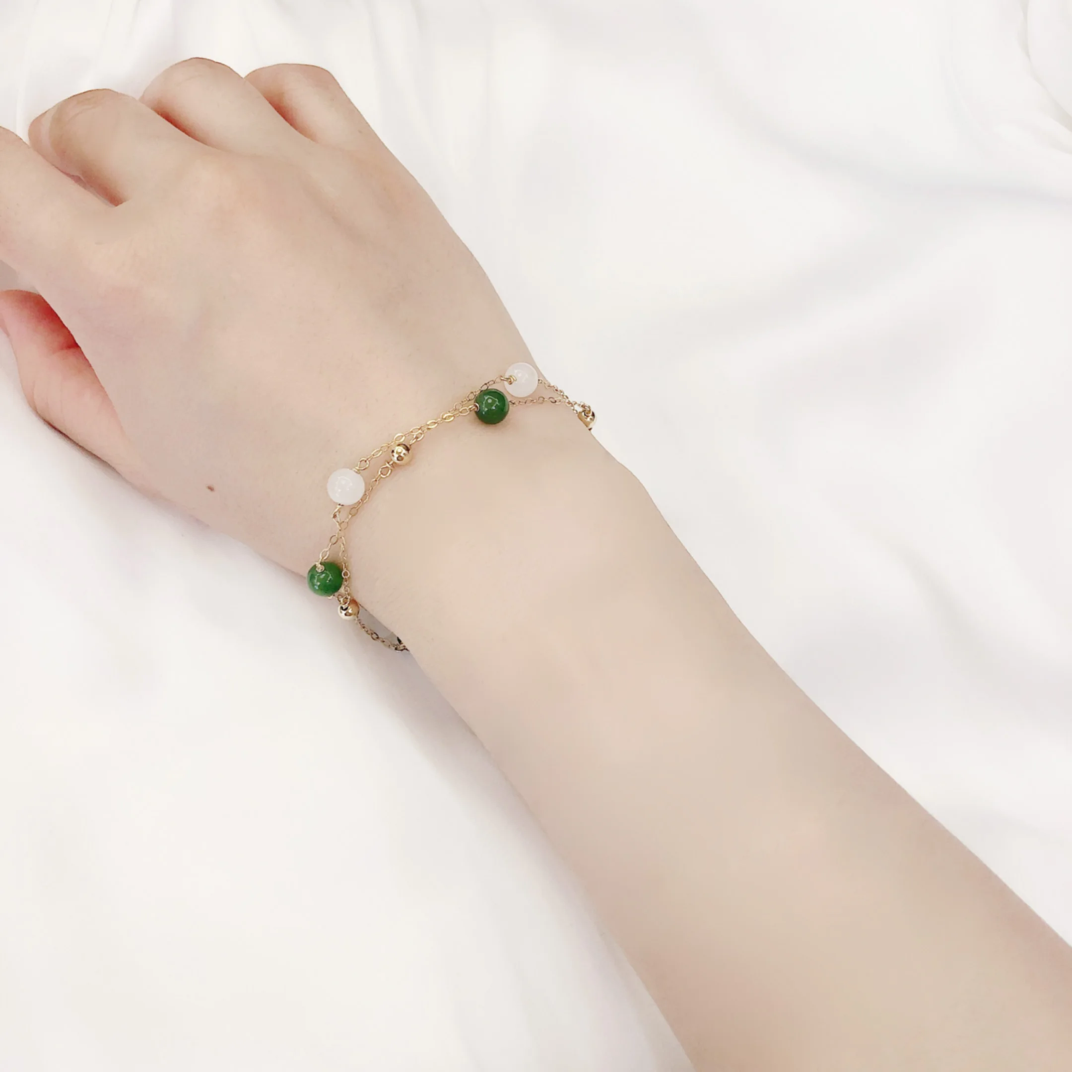 

TT14k Gold Inlaid with Jade Hetian Jade White Jade Jasper Spinach Emerald Beads Bracelet Starry Sky Special Interest Light