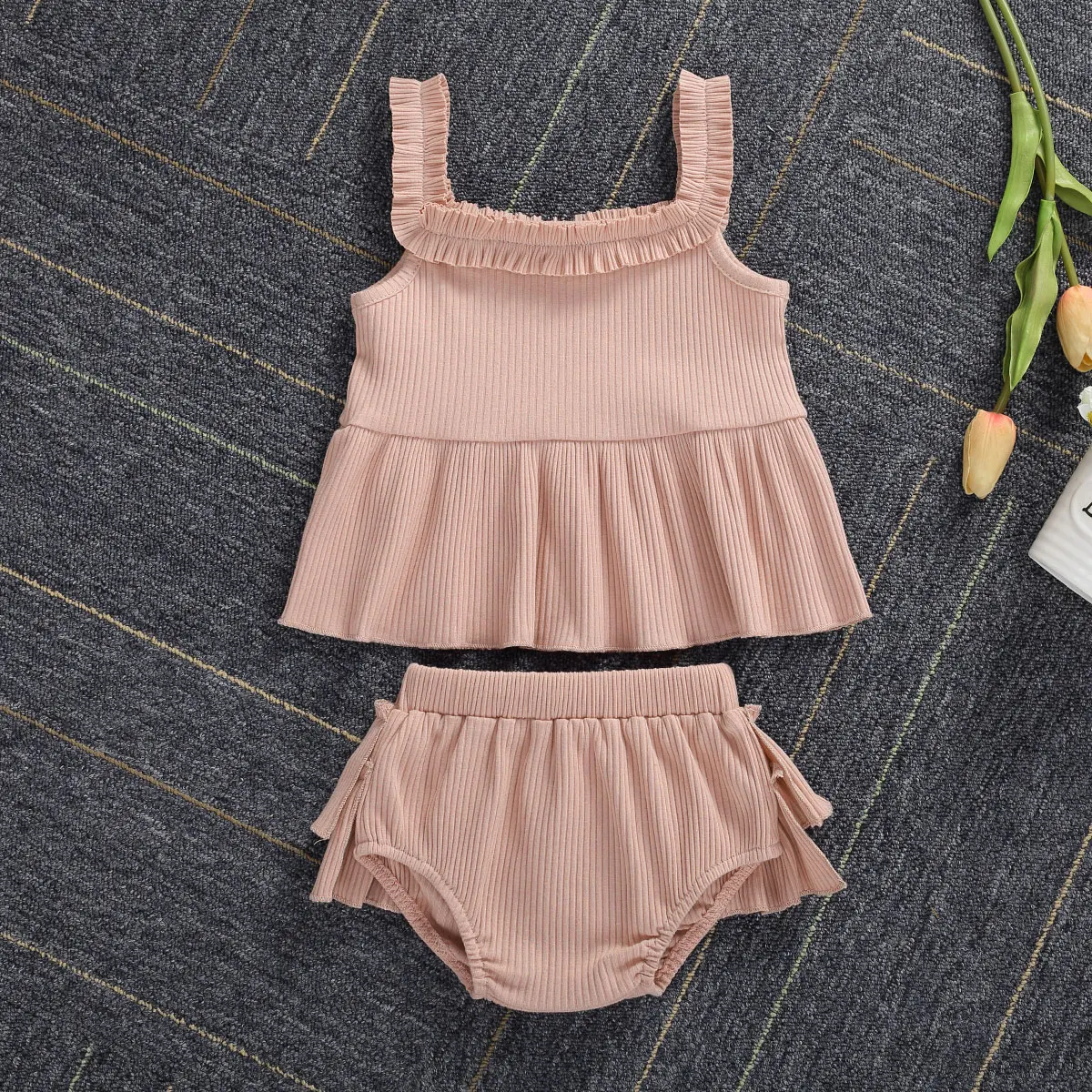 

Kids Baby Girls Summer 2pcs Set Rib Knitted Clothes Solid Color U-Neck Sleeveless Top + Ruffles Shorts Pants Outfits