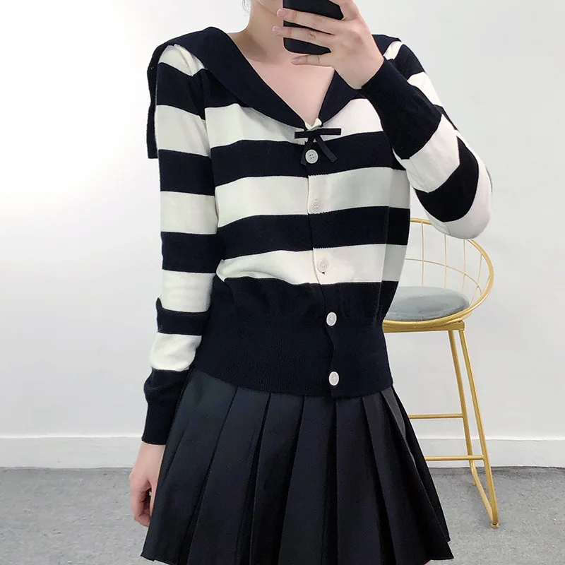 

navy collar stripe knitting coat van early autumn show thin French style restoring ancient ways of cardigan sweater