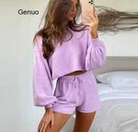 women lavender outfit set long sleeve crop top and mini shorts 2020 autumn summer casual loose loungewear two piece sets