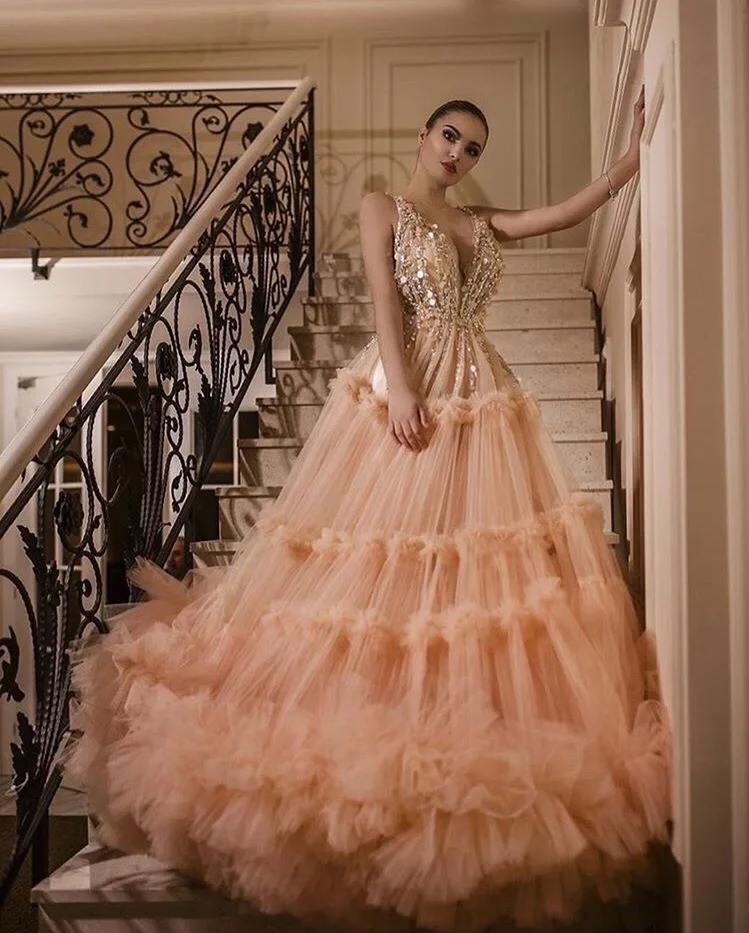 Luxury Champagne Ball Gown Prom Dresses Plunging V neck Beaded Spaghetti Straps Cascading Ruffles Dress P2272
