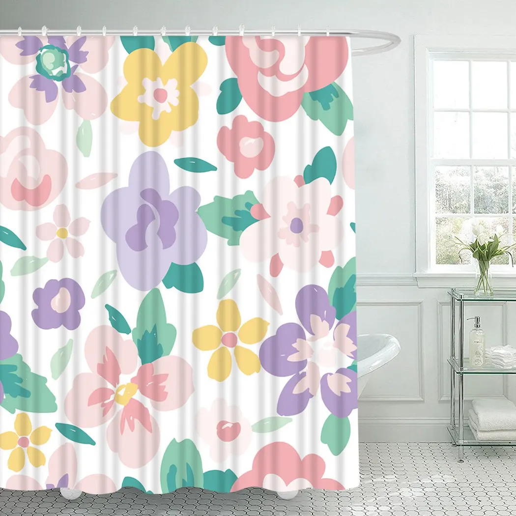 

Floral Shower Curtain With Hooks For Bathroom Blooming Flower Waterproof Polyester Bath Shower Curtain Set Home Bathroom Decor
