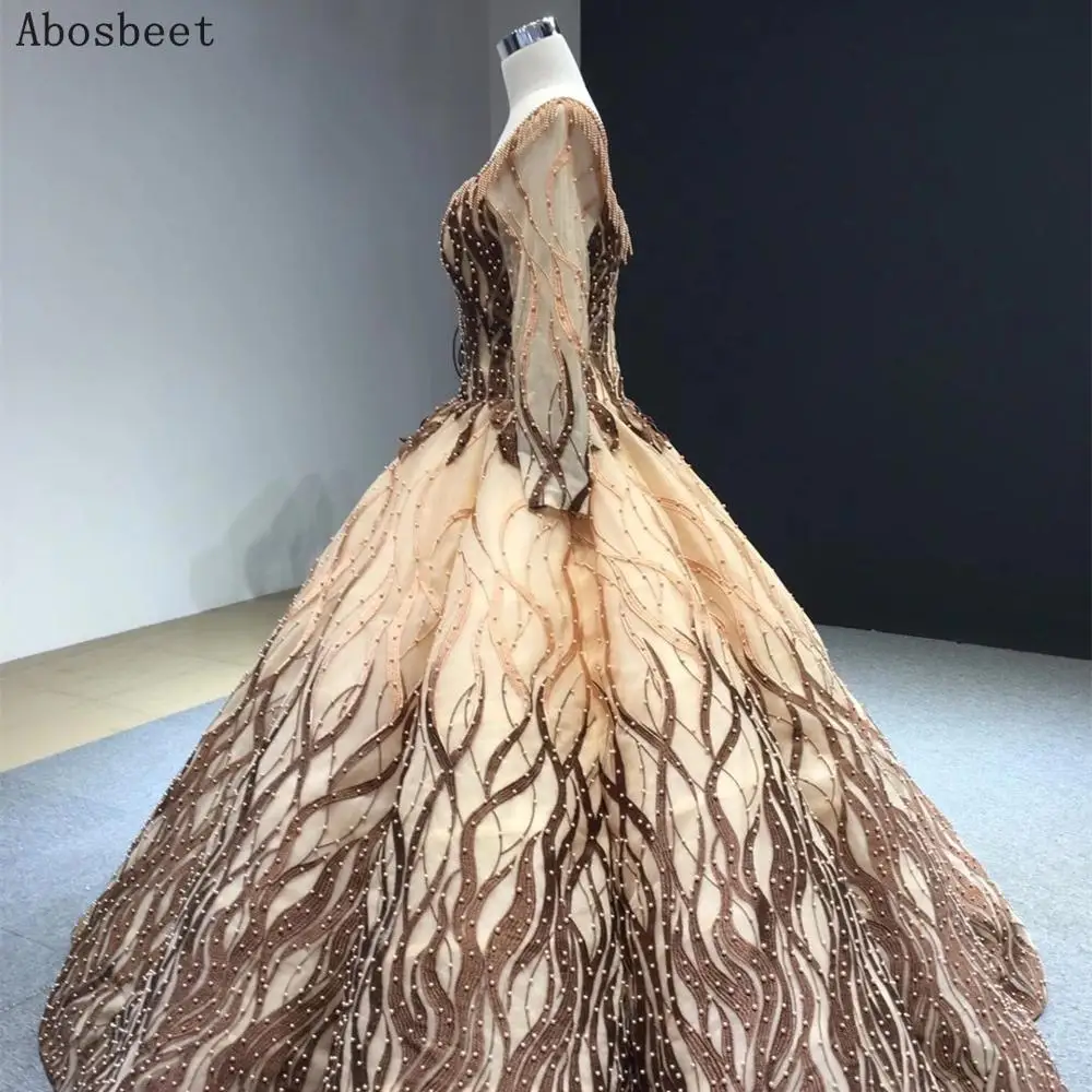 DD JYOY Luxury Ball Gown Evening Dress Long Sleeve Pearls Beading Elegant Prom Party Women Gown Lace Up Brown