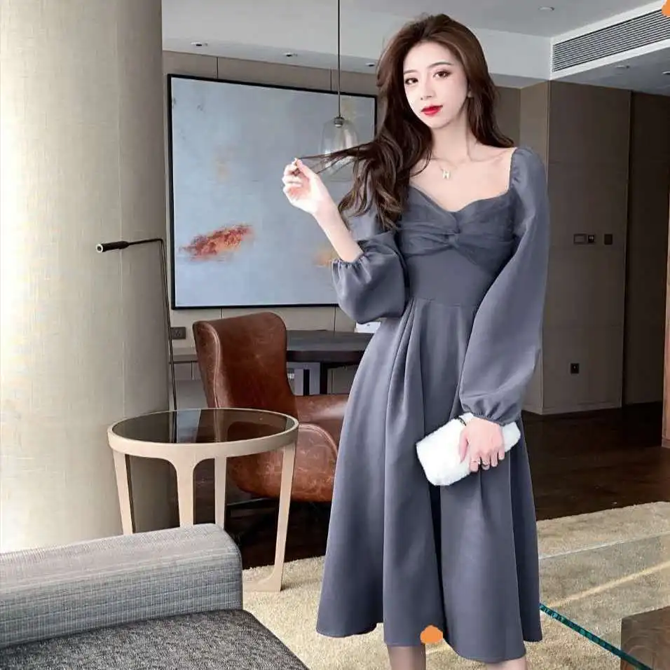 

Autumn and winter new 2020 French retro women's dress women's stitching mesh gauze waist mid-length dress Regular
