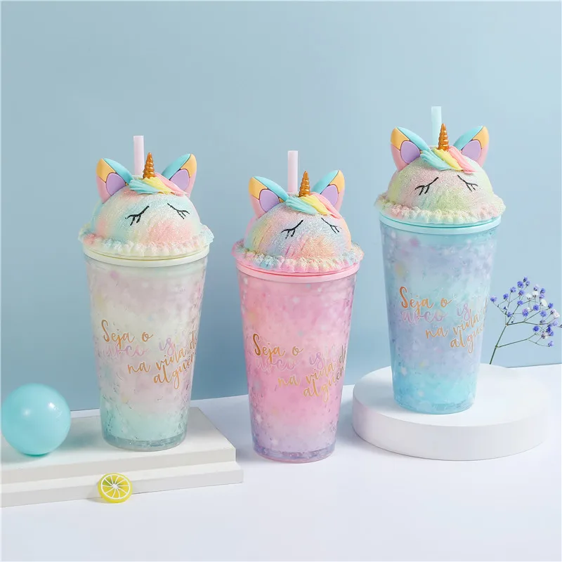 Cute Water Bottle Unicorn Plastic Water Bottle With Straw Korean Style Cute Summer Cool Broken Ice Cup for Milk Coffee Tea Cup