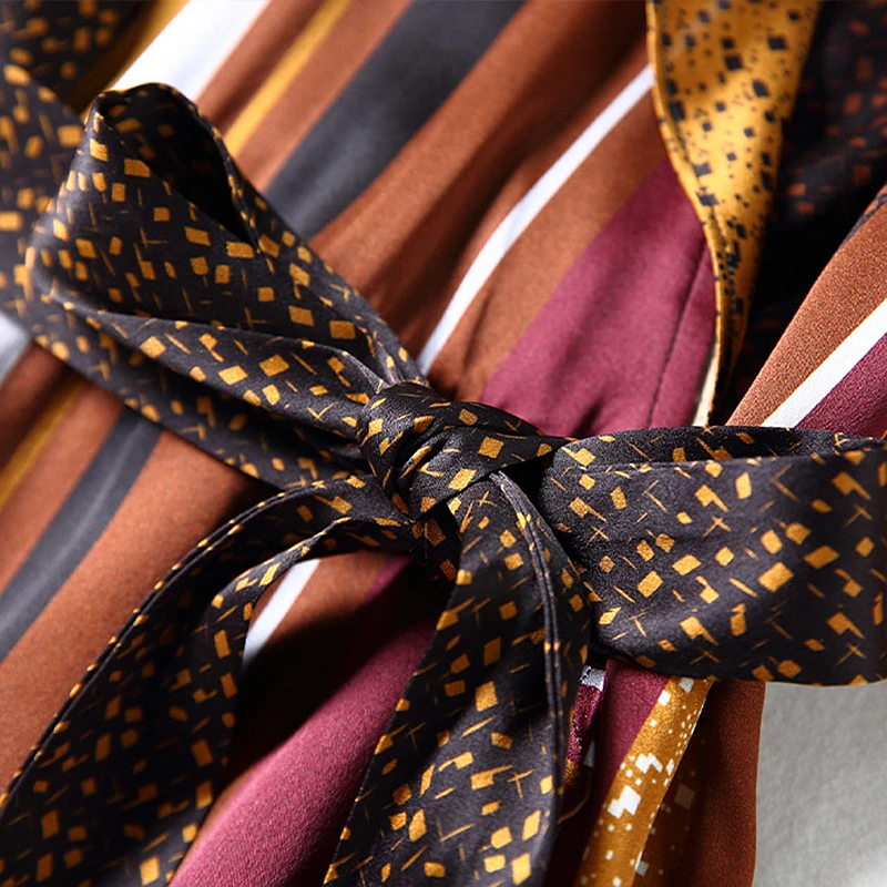 

High Quality 100% Silk Dress Women Casual Style Printed Plus Size V Neck Half Sleeves Loose Belt Ruffles Long Dress New Fashion