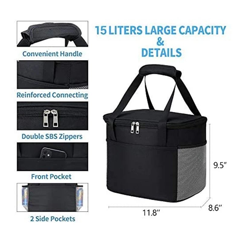 

Lunch Bag for Men/Women, 15L Insulated Lunch Box for Kids with Side Pockets and Water Bottle Holder, Leakproof