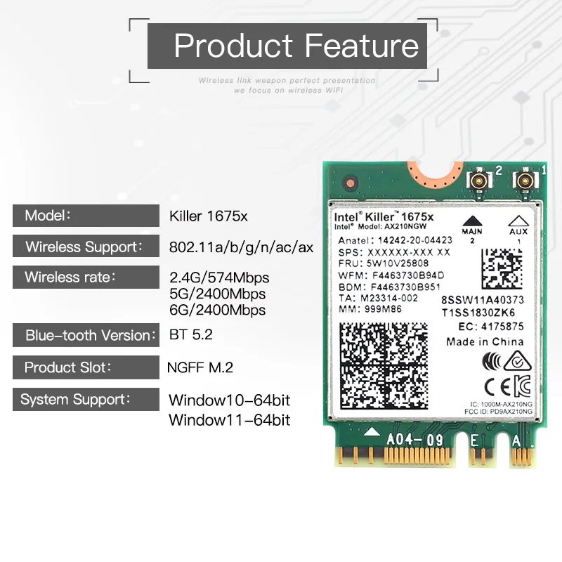 Killer 1675X AX210 5374 Мбит / с WiFi 6E адаптер Bluetooth 5.2 Трехдиапазонная беспроводная карта M.2