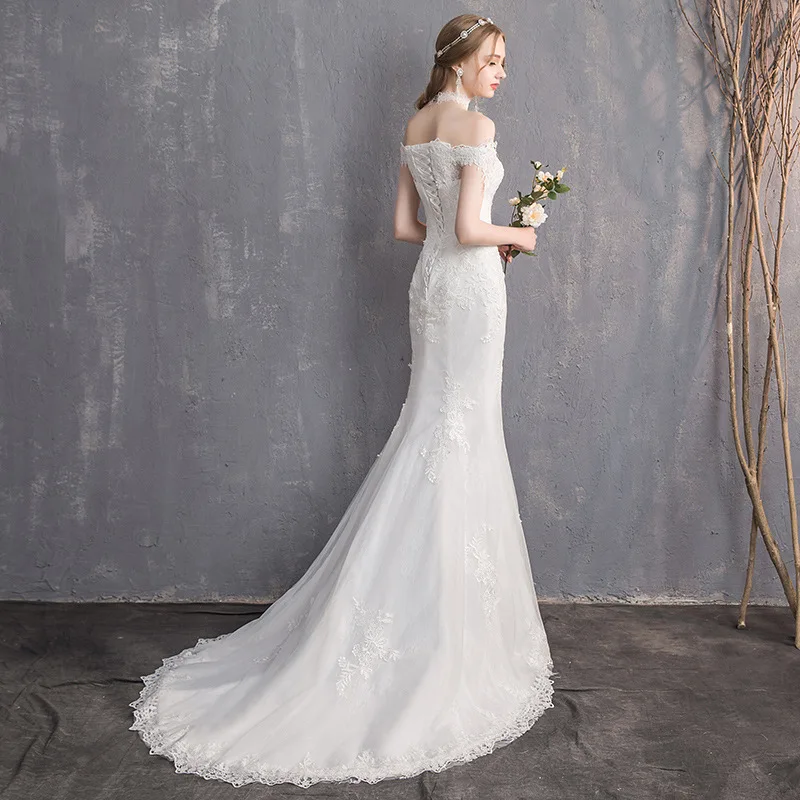 

Luxury embroidery bridal gown off shoulder marriage anniversary wedding gown mermaid lace up wedding dresses with train